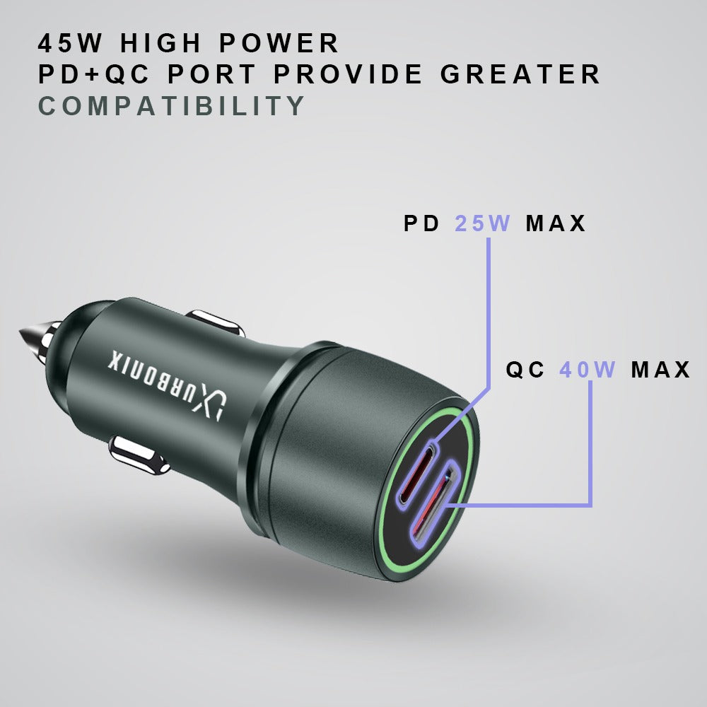 45W Fast Charging Urbonix Car Charger with PD and QC Ports for Enhanced Compatibility