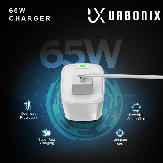 Urbonix 65W Fast Charging Adapter with Dual USB Ports | High Power Delivery & Overcurrent Protection